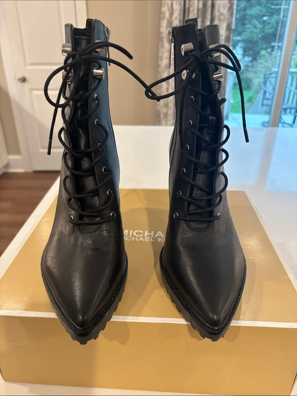 Michael Kors Black Lace-Up Stiletto Ankle Boots with Side Zip